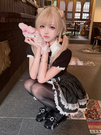 Bunny Ear Puff Sleeve Top with Lace & Bows, Black & White Maid Style - kukuwa