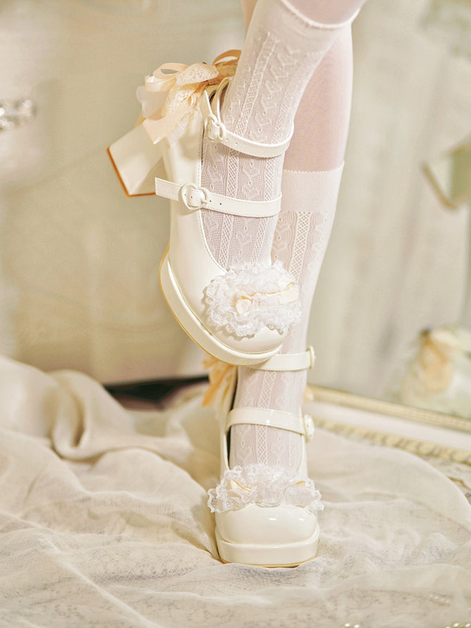 Buckles Trim Heart White Heels Bow at Lace High Top Knotted Block