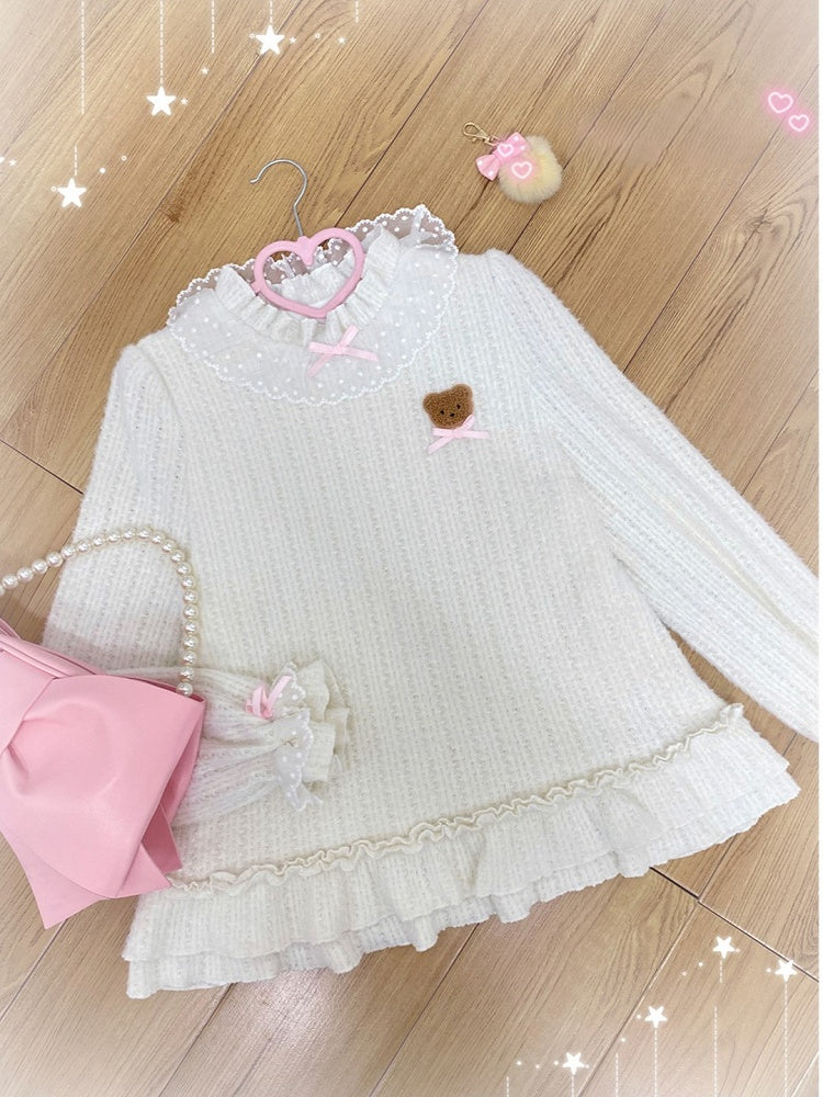 Fleece Lining Beige Sweater with Lace Trim and Bear Patch