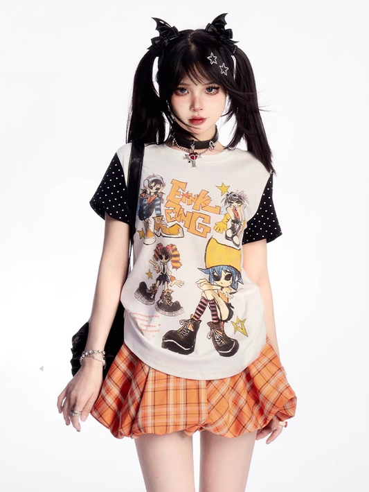 ブラック＆デザイン Y2K 漫画プリント Tシャツ カラーブロック ホワイト