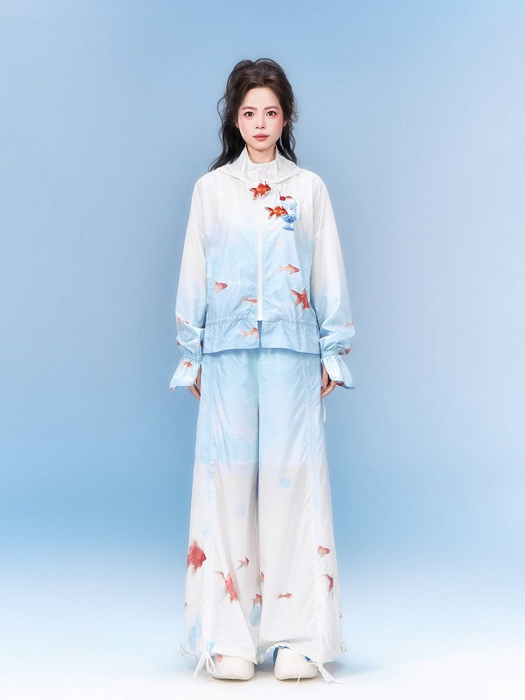 Goldfish Print Hooded Jacket and Wide Leg Pants Set - Zao Jing Ji