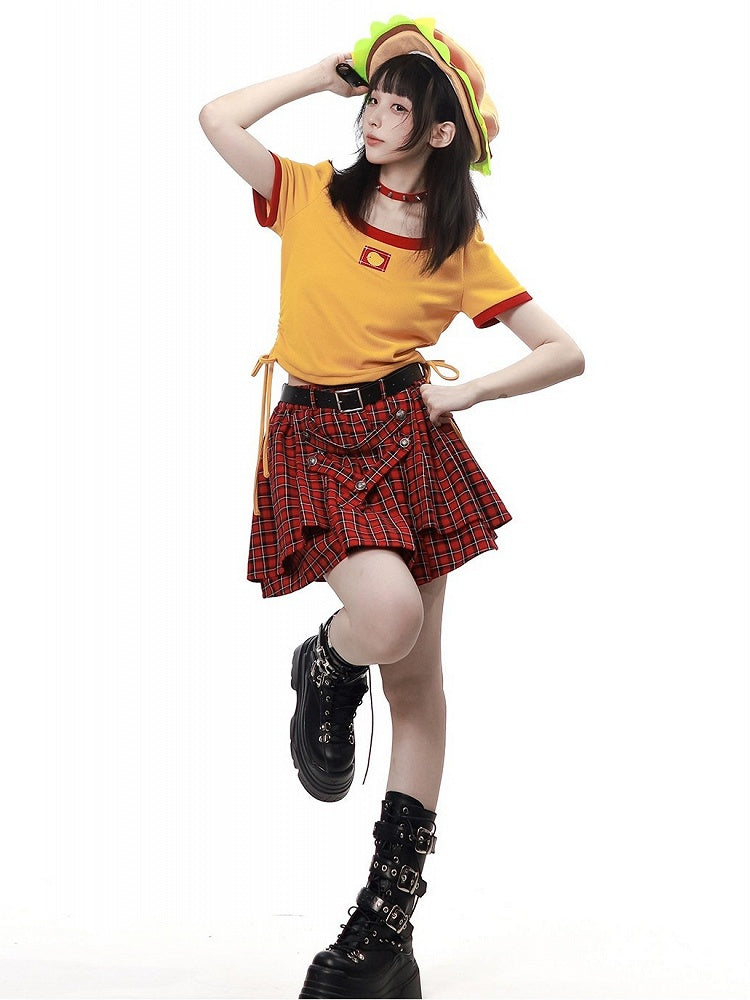 Red Plaid Skirt with Buttoned Strap Accents - PINK SAVIOR