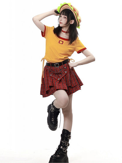 Red Plaid Skirt with Buttoned Strap Accents - PINK SAVIOR