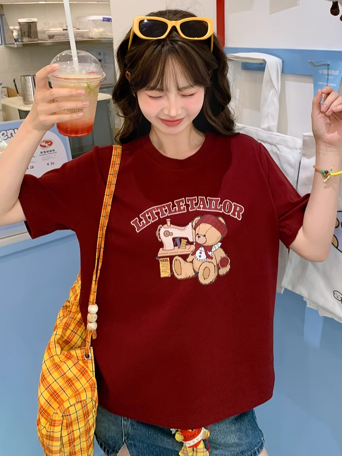 Cartoon Bear Print Wine Red Round Neck T-shirt Loose