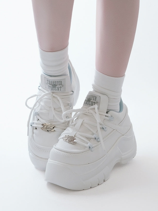 Leather Kei Sneakers in Classic Matte White Platform Lacing with PU System Jirai