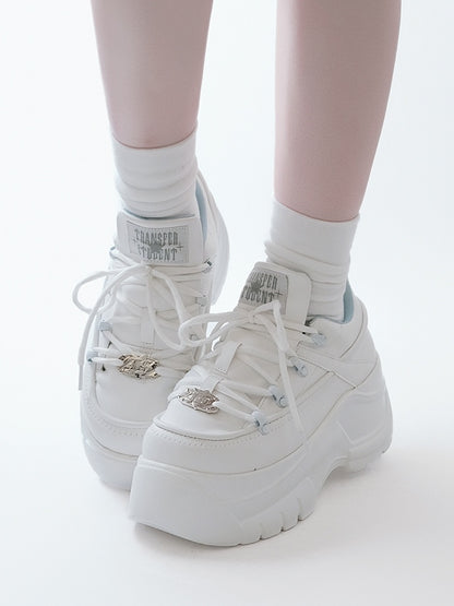 Leather Kei Sneakers in Classic Matte White Platform Lacing with PU System Jirai