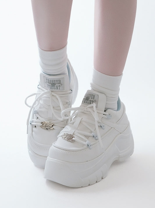 Leather Kei Sneakers in Classic Matte White Platform Lacing with PU System Jirai