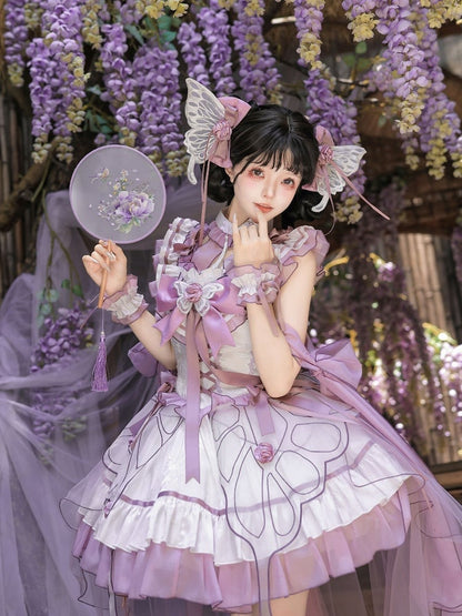 Butterfly Lolita Dress Set with Headpiece and Wrist Cuffs - KIYANA