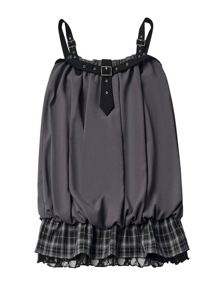 Black & Gray Bubble Hem Cami Dress with Plaid Ruffle & Metal Buckle Accents - PINK SAVIOR
