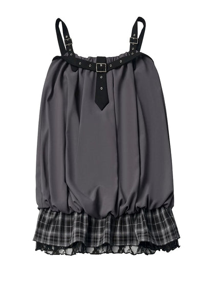Black & Gray Bubble Hem Cami Dress with Plaid Ruffle & Metal Buckle Accents - PINK SAVIOR