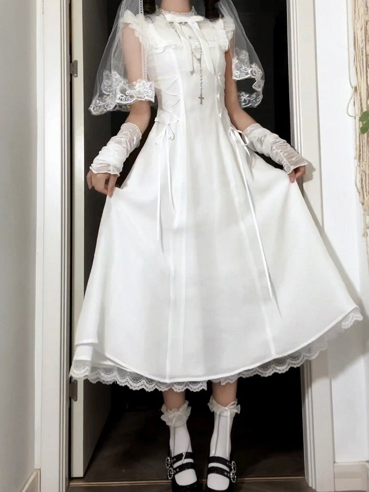 Pure Flutter Waist White Lace-Up Dress:Long Versionwith Sleeve Aesthetic