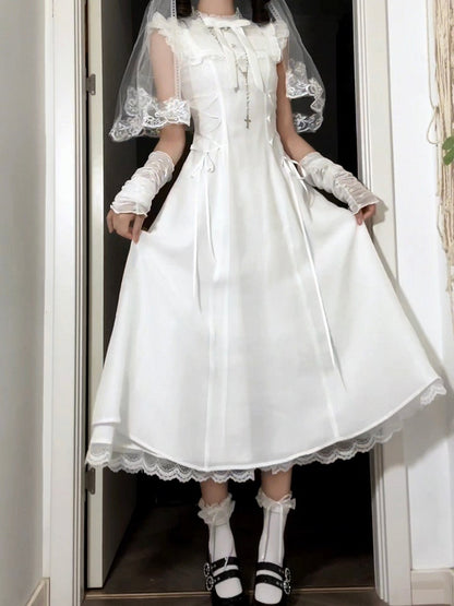 Pure Flutter Waist White Lace-Up Dress:Long Versionwith Sleeve Aesthetic