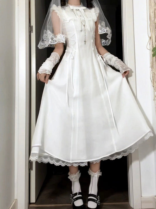 Pure Flutter Waist White Lace-Up Dress:Long Versionwith Sleeve Aesthetic