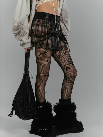 Buckle Brown Plaid Patchwork Design Fashion PU Skirt Punk Millard Straps Vintage