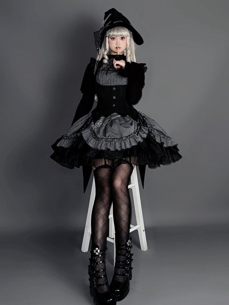Halloween Hem Gray and Dress Black Boned Drawstring Pattern Lolita Striped Gothic Waist