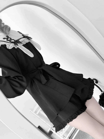 Lilafarbenes Design, Ohren, Krawatte, Jirai-Minikleid + Shorts-Set mit Rüschensaum + Schleife, Dusty Kei, Seemannskragen, Hase