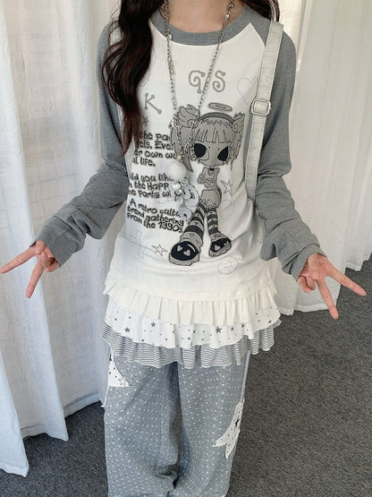 Colorblock Round Neck Long Sleeve Ruffle Hem Top with Cartoon Print - Solkatt