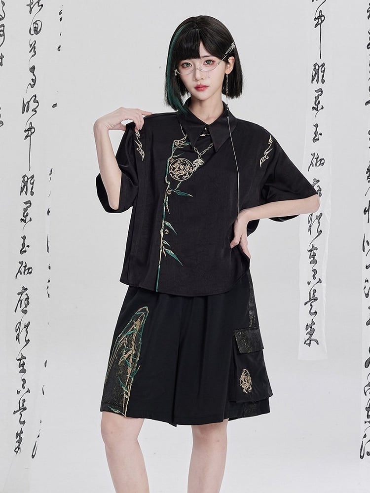 Chinese Embroidery Patchwork Black Shorts - Qing Tang Original