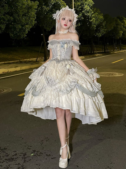 ダスティブルーのコルセットウエスト花嫁プリンセスロリータハイローレイヤードヘムドレスショートバージョン