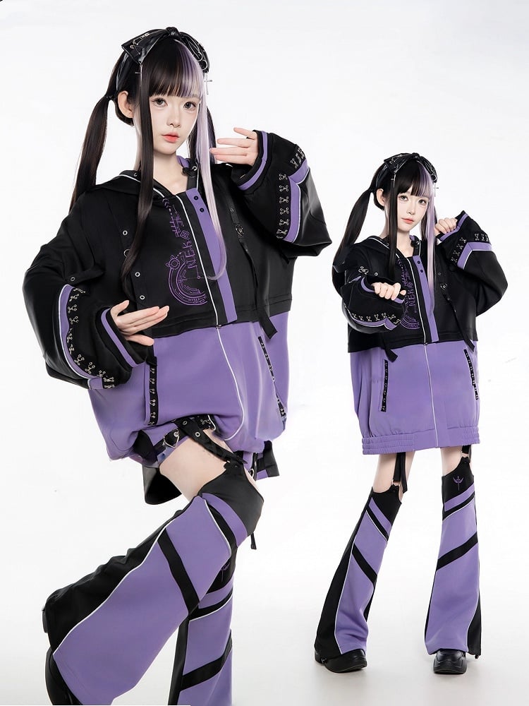Purple J-Style Set: Futuristic Detachable Cyberpunk Black Jacket and Coord