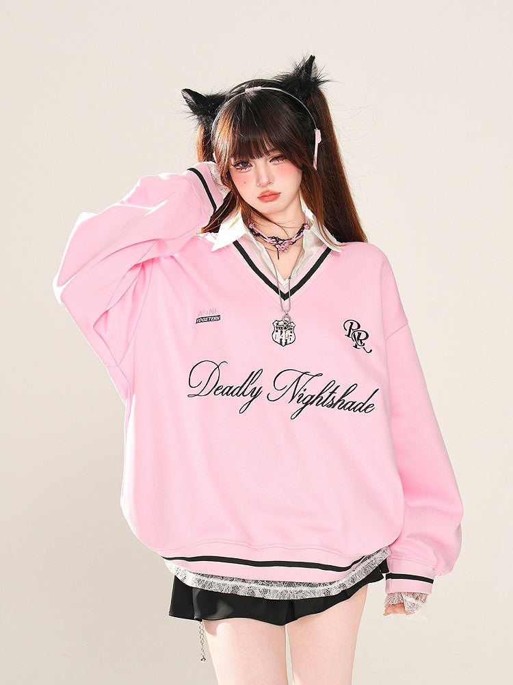 Aprikose/Pink Polokragen Buchstabenstickerei Frühlings-Sweatshirt Kunst-Zweiteiler