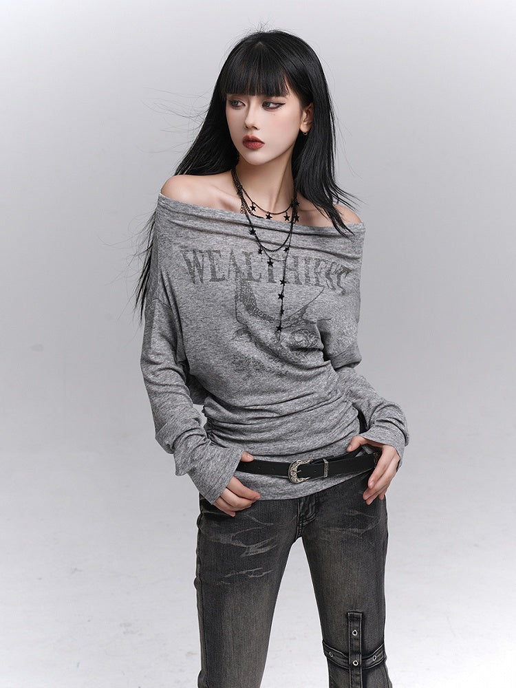 Gray Tee Oversized Print Gothic Sleeve Swallow Long Off-Shoulder