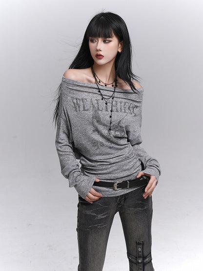 Gray Tee Oversized Print Gothic Sleeve Swallow Long Off-Shoulder