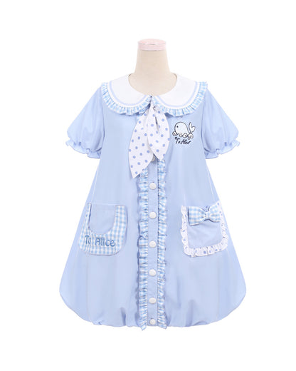 Blue Peter Pan Collar Whale Pattern  Bowknots Bubble Skirt Dress