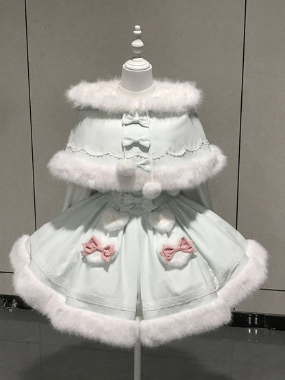 White Green Ears Mint Winter with Trimming Bunny Plush Hooded Cape