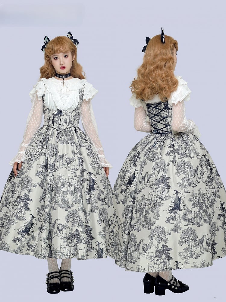 Wood Blue Skirt Dark White Bust Lolita Animals Boned Jumper Print and Basque Waist Under
