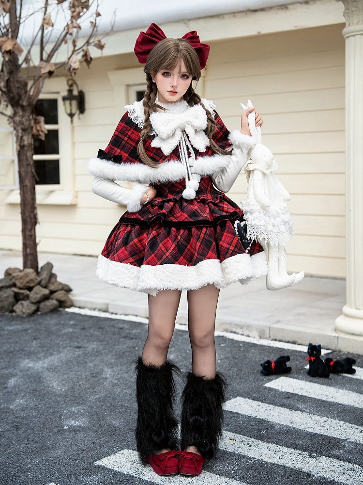 Trim Cape Lace Plush Winter Lolita and Fur with Reversible Pattern Plaid