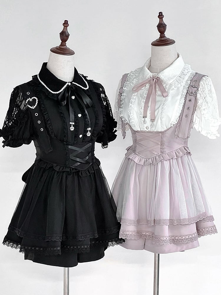 Jirai Kei – Schwarz/Weiße Bluse mit kurzen Ärmeln und Perlenkragen