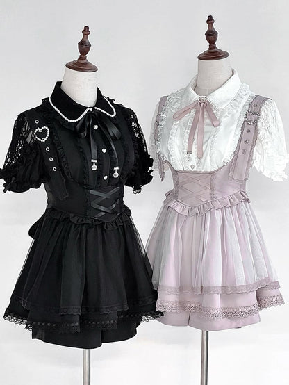 Jirai Kei – Schwarz/Weiße Bluse mit kurzen Ärmeln und Perlenkragen