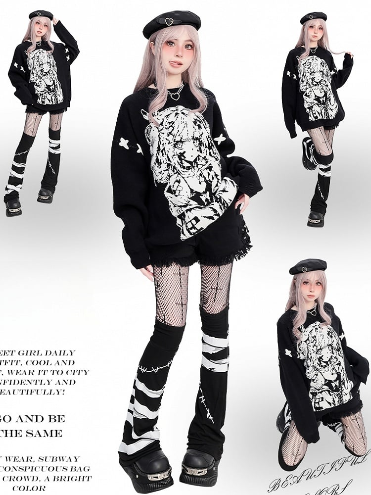 ブラックガール柄ラウンドネックルーズセーター