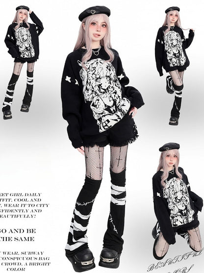 ブラックガール柄ラウンドネックルーズセーター