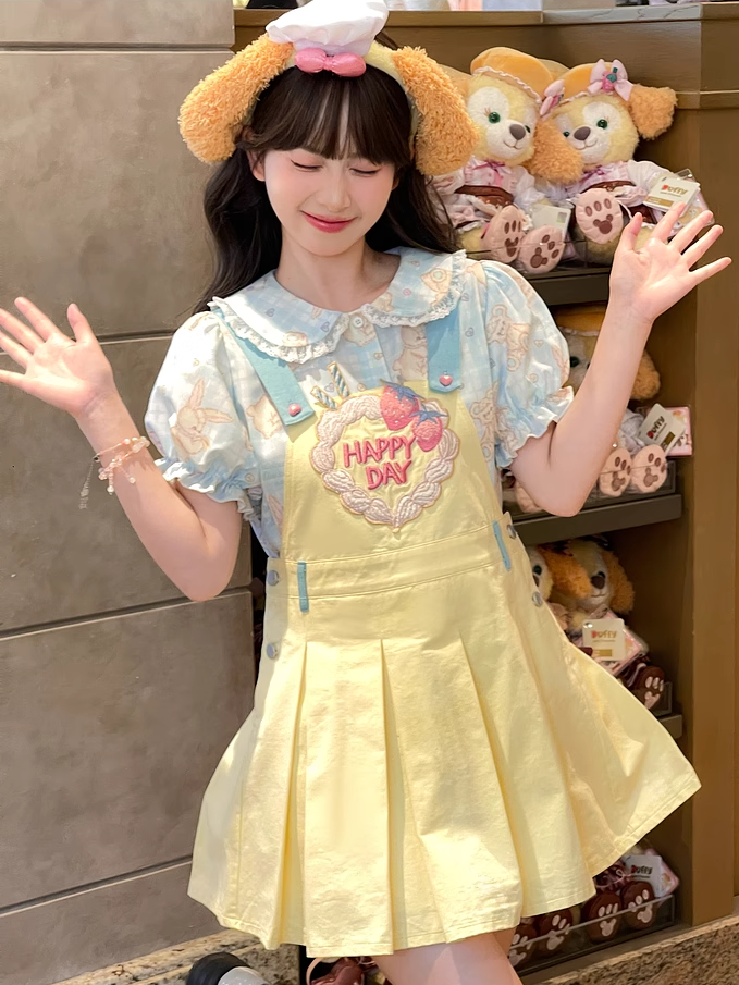 Strawberry Embroidery Yellow Box Pleat Overall Dress Sweet