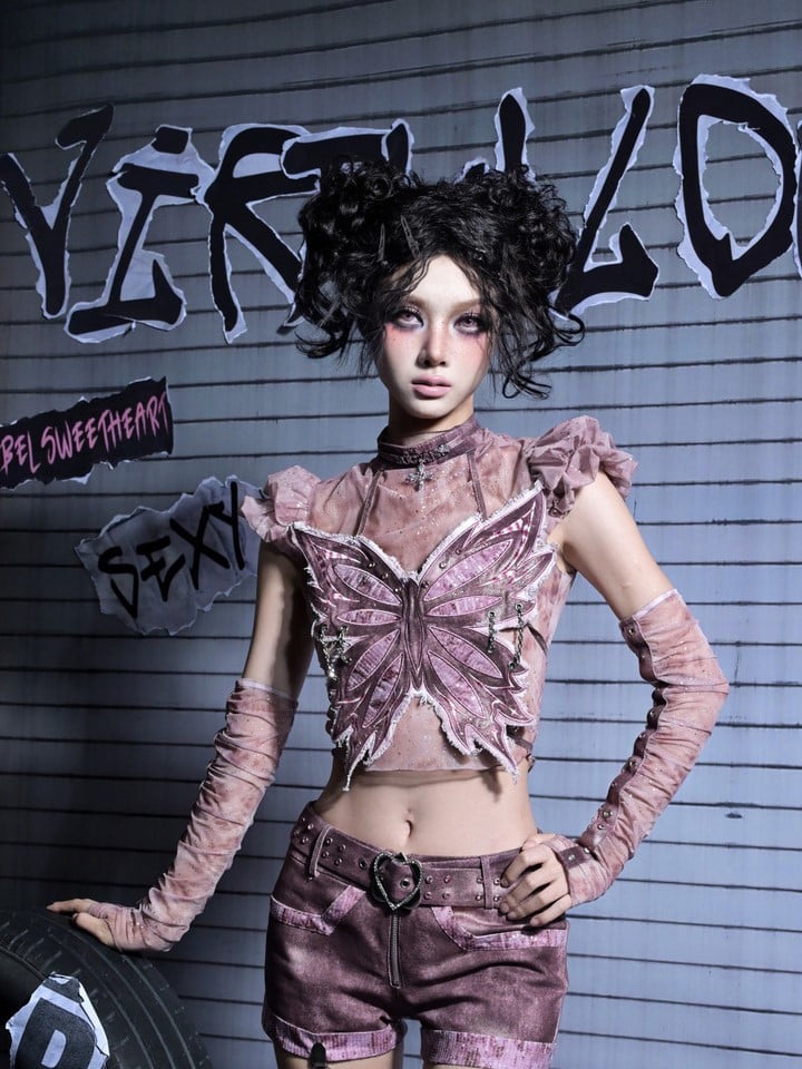 Gradient Style Choker Punk Embroidery Rhinestone Pink Denim Y2K Corset Cross Butterfly  with Pastel Fairycore
