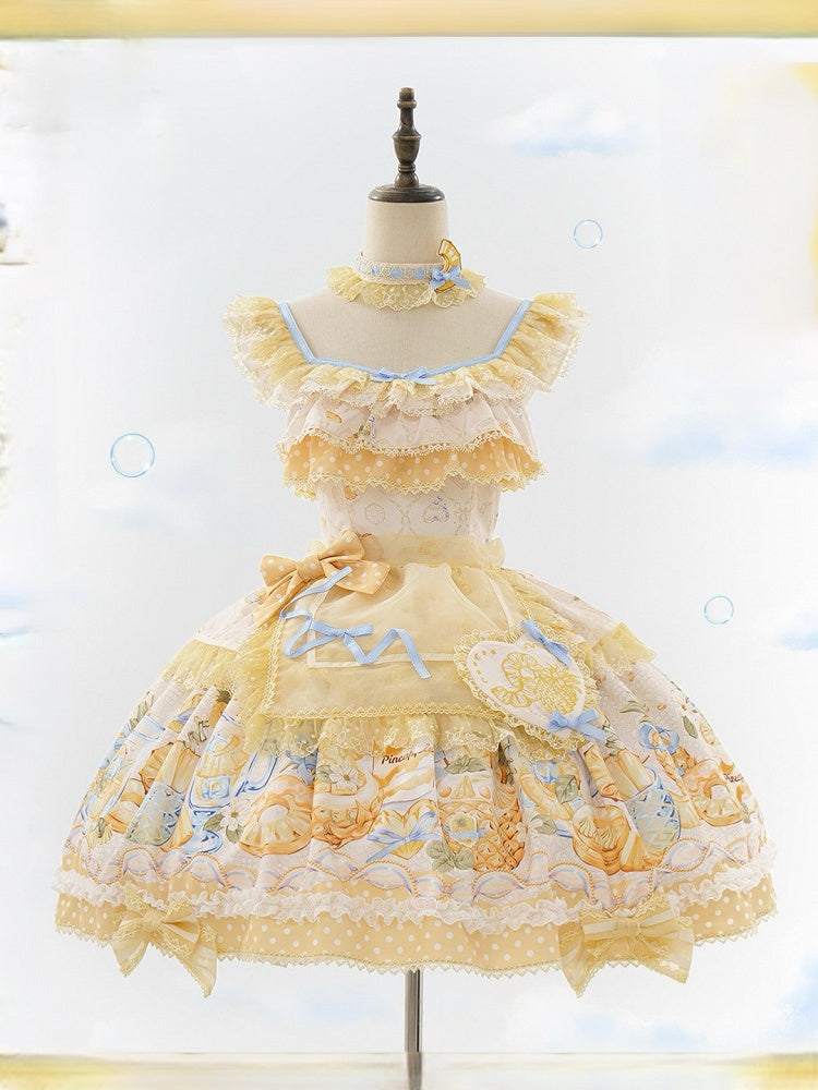 Yellow & Blue Polka Dot Fruit Print Lolita JSK Dress with Lace Details - Badoni B DOLLY Original Design