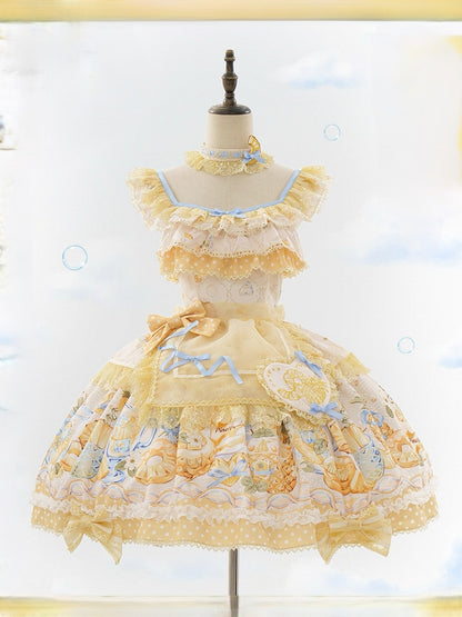 Yellow & Blue Polka Dot Fruit Print Lolita JSK Dress with Lace Details - Badoni B DOLLY Original Design