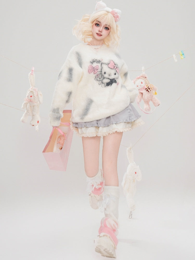 ミルクホワイトキティグラフィックディストレストリムルーズセーター