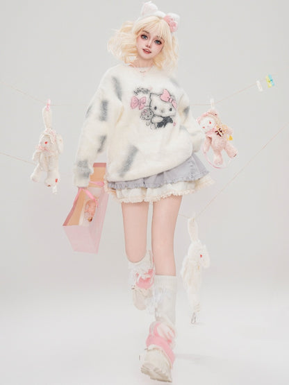 ミルクホワイトキティグラフィックディストレストリムルーズセーター