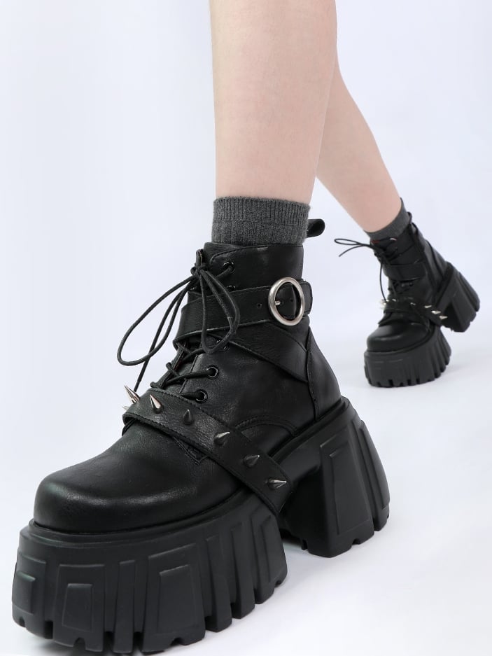 Stiefel Rock Ankle Plateau Schwarz Blockabsatz Punk -