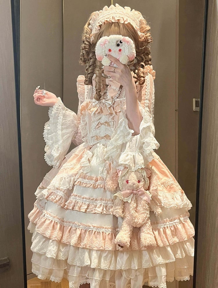 Accents Layered Light Hime Sleeves Ruffle Pink White Dress Lolita Bow with Bell
