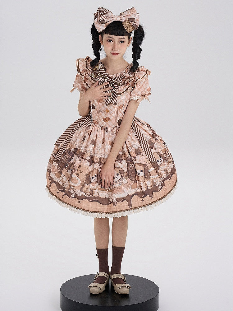 Süßes Lolita-Kleid mit kurzen Ärmeln und Welpen- und Keks-Print in Gelb