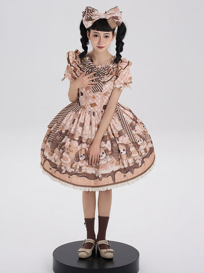 Süßes Lolita-Kleid mit kurzen Ärmeln und Welpen- und Keks-Print in Gelb