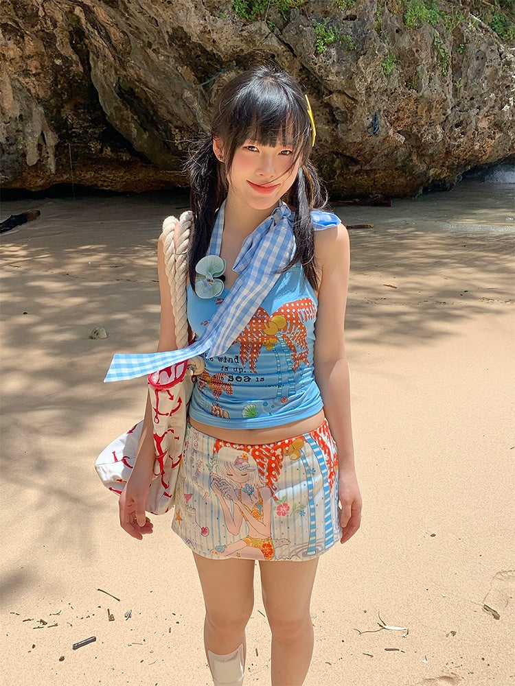 Palm with Self-tie Print Halter Blue Top Red