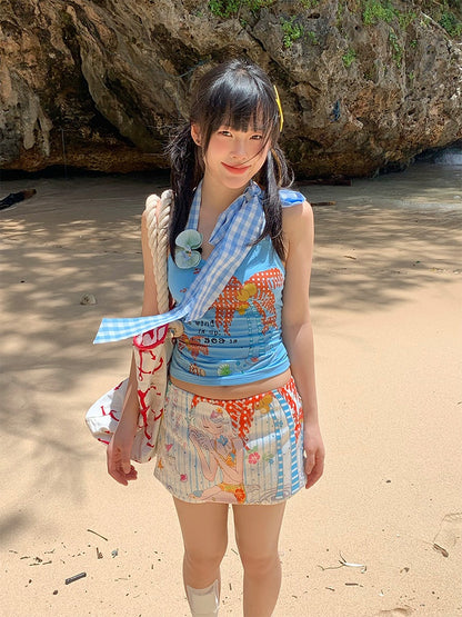 Palm with Self-tie Print Halter Blue Top Red