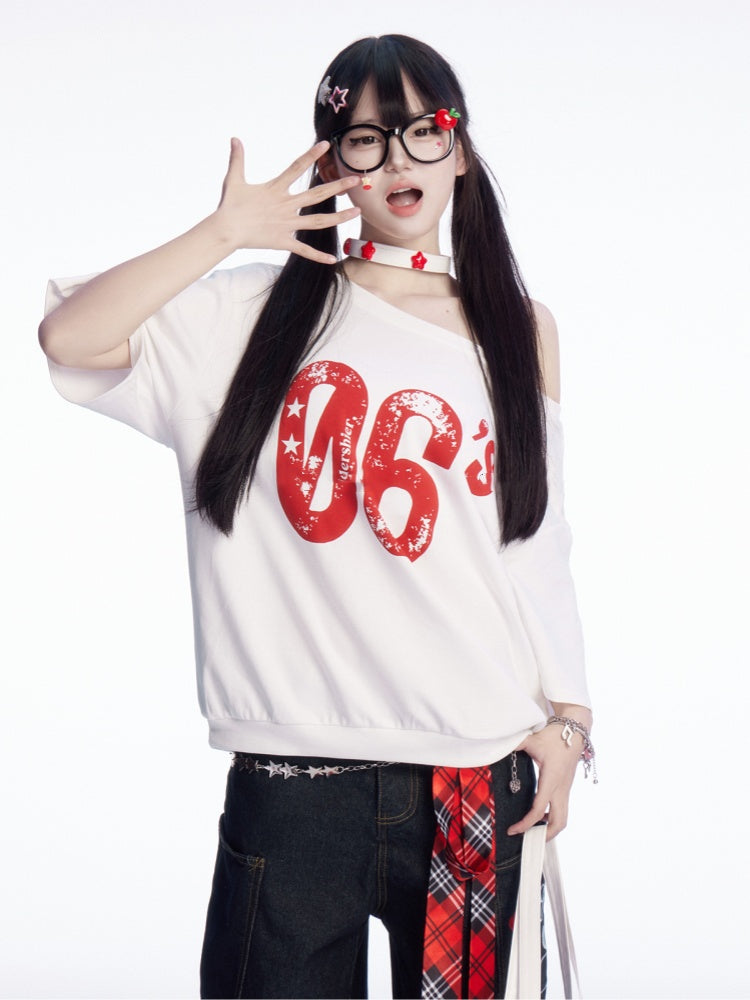 ヴィンテージナンバープリント ホワイト アシンメトリーネックライン Tシャツ