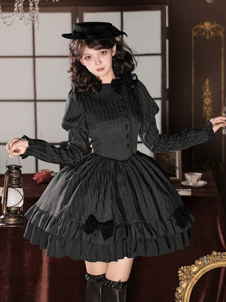 Black Striped Long Sleeve Short Lolita OP Dress with Mini Hat & 2-Way Bow Brooch Set - With PUJI