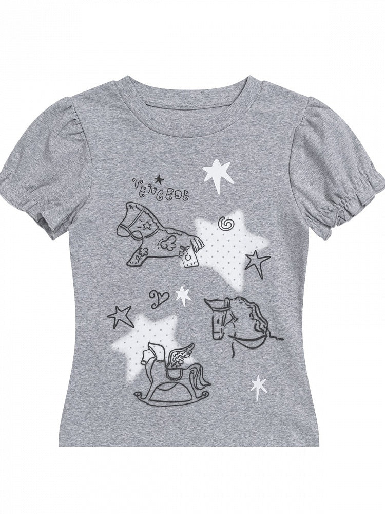 Gray Puff Sleeve Crew Neck Top with Rocking Horse Print - Languid Park